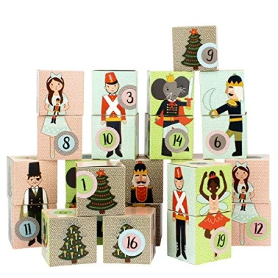 Abbildung von Papierdrachen DIY Adventskalender zum Befüllen Kisten Set Motiv Nussknacker 24 Bunte Schachteln aus Karton Aufstellen und Boxen Weihnachten 2024