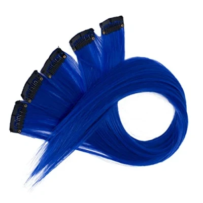 Abbildung von CAISHA 5 Teile Set 60cm Bunte Strähne Strähnchen Clip in Extension Haarverlängerung Glatt Langhaar Haarteil Royalblau BST111