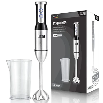 Abbildung von LEBENLANG 1000W Stabmixer Edelstahl Mit Spritzschutz und 8 Stufen plus Turbo Hochwertiger Pürierstab Mixstab Küche Zauberstab Hand blender Rührstab Stick Mixer 1000 watt