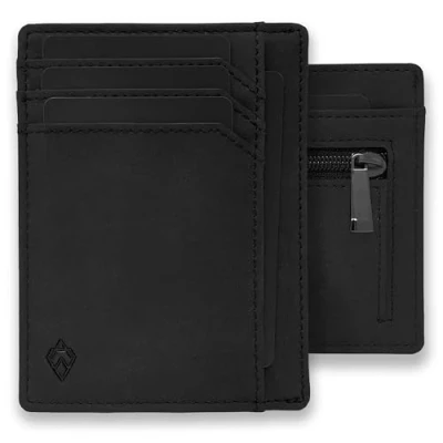 Abbildung von AKIELO Kartenetui mit RFID Schutz, Reißverschluss Münzfach und Geschenkbox Minimalistisch Herren Geldbörse Ultradünne Wallet (Bravo Schwarze Ausgabe Reißverschluss)