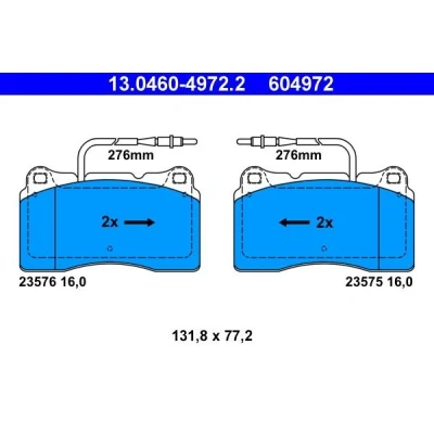 Abbildung von ATE 13.0460 4972.2 Bremsbelagsatz inkl. Verschleißwarnkontakt PEUGEOT: 607 Saloon