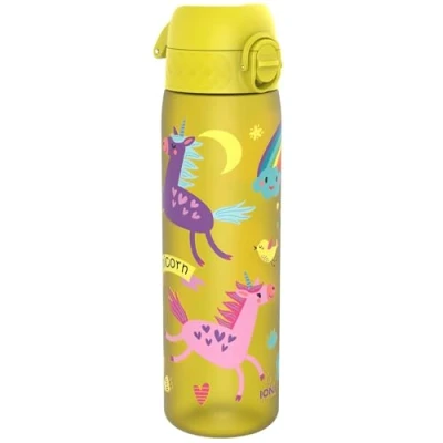 Abbildung von ion8 Trinkflasche 500 ml Auslaufsicher Einhandöffnung Sichere Verriegelung Spülmaschinenfest BPA frei Tragegriff Klappdeckel Leicht zu Reinigen, Klimaneutral, Gelb Einhorn