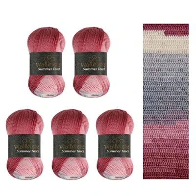 Abbildung von Wollbiene Summer Touch Batik 5 x 100 Gramm Wolle Mehrfarbig mit Farbverlauf, 500 merzerisierte Strickwolle Microfiber Acryl (506 blaugrau rose)