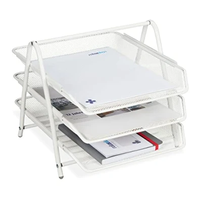 Abbildung von Relaxdays Tiered Document Tray in White Dokumentenablage Metall, 3 Fächer, Gitter Design, Büro, für A4, Briefablage, HBT: 26,5 x 29,5 35,5 cm,weiß, 100% Stahl, 1 Stück