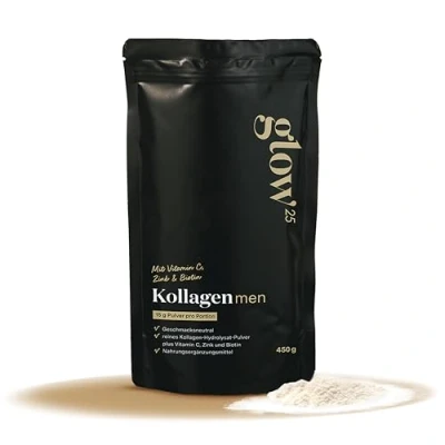 Abbildung von Glow25® Collagen Pulver Men Edition [450g] Neuer Look Kollagen Hydrolysat mit Vitamin C, Zink und Biotin Peptide Typ 1 3 Gute Löslichkeit
