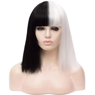 Abbildung von ATAYOU® 12 Inch Damen Grade Kurze Schwarze weiße Cosplay Halloween Perücke Halb Schwarz und Weiß