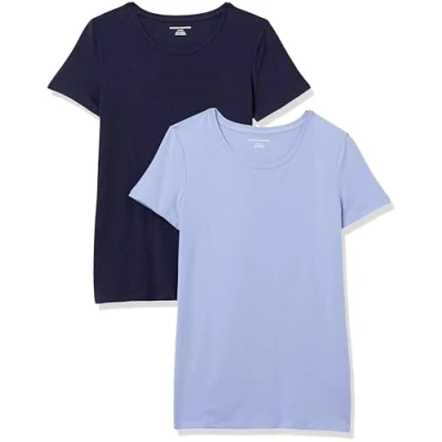 Abbildung von Amazon Essentials Damen Kurzärmeliges T Shirt mit Rundhalsausschnitt, Klassischer Schnitt, 2er Pack, Marineblau/Purpur, XS