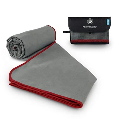 Abbildung von BERGBRUDER Microfaser Handtücher Ultraleicht, kompakt &amp; schnelltrocknend Mikrofaser Handtuch, Reisehandtuch, Sporthandtuch (Grau Rot, S 80x40 cm)