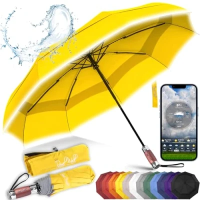 Abbildung von Royal Walk Regenschirm Taschenschirm Sturmfest Automatik Auf und Zu Winddichter Doppelverdeck Klein Stabil Schirm Reflektierend mit Luxuriösem Echtholzgriff für Damen Herren Umbrella (Lila)