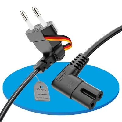 Abbildung von sonero Stromkabel Netzkabel 2 Polig, 0.50m, Eurostecker Typ C Netzstecker auf IEC Buchse C7 Euro 8 Stecker, 90 Winkel Netzteil Strom Kabel für TV, PS5, PS4, PS3, Haushaltsgeräte, schwarz