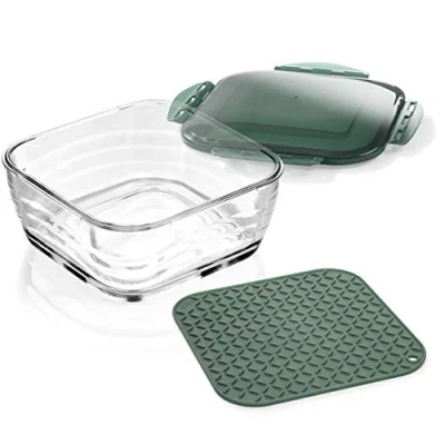 Abbildung von Genius A27054 Nicer Dicer Chef Glasschüssel groß mit Deckel &amp; Silikonmatte Kombi Set ofenfeste Glasbehälter Auflaufform Ofenform backofenfest und gefriergeeignet, Glas, 2800 milliliters