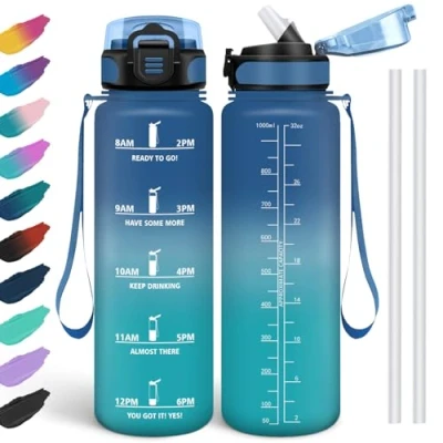 Abbildung von HoneyHolly Wasserflasche 1l, Auslaufsicher, Trinkflasche für Kohlensäurehaltige Getränke, BPA Frei, mit Strohhalm, Sport Schule, Fahrrad, Fitness