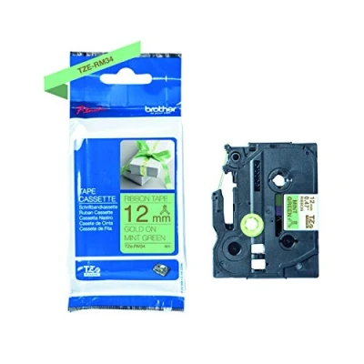 Abbildung von Brother Original textiles Schriftband TZe RM34 gold auf mintgrün 12 mm breit, 4 m lang (u.a. für P touch H200, H100LB/R, H105, E100/VP, D200/BW/VP, D210/VP,Cube, Cube Plus)
