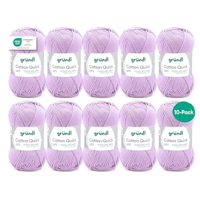 Abbildung von Gründl Wolle Cotton Quick uni dünne zum Häkeln Strickgarn Häkelgarn Glänzend und hautfreundlich 100% Baumwolle 10 Knäuel 50 g / 125 m Nadelstärke 3 4 flieder
