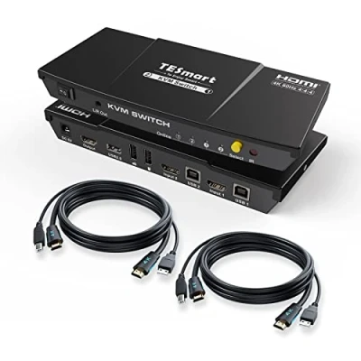 Abbildung von TESmart HDMI KVM Switch, 2 PC 1 Monitore Switch 4K 60Hz mit Kabelx2, EDID Emulator, Audio Extractor, USB 2.0 für Tastatur Maus Scanner Drucker, in Out Umschalter, Hotkey und Button Switcher