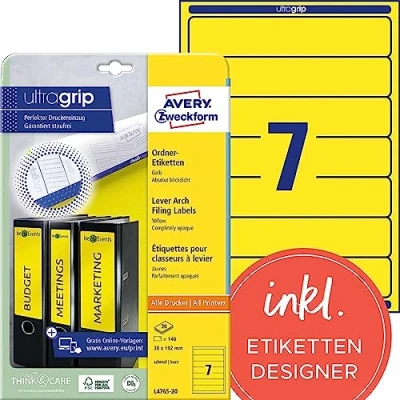 Abbildung von AVERY Zweckform L4765 20 Ordnerrücken Etiketten (140 Rückenschilder mit ultragrip, 38x192mm auf A4, schmal/kurz, selbstklebend, absolut blickdicht, bedruckbare Ordneretiketten) Blatt, gelb