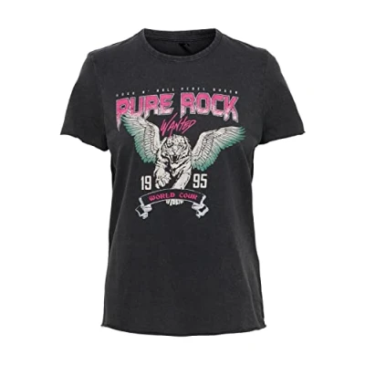 Abbildung von ONLY Damen ONLLUCY REG S/S TOP JRS NOOS T Shirt, Black/Print:Pure Rock, S