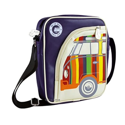 Abbildung von BRISA VW Collection Stylishe &amp; coole Volkswagen Retro/Vintage Schulter Tablet Umhänge Reise Tasche mit T1 Bulli Bus Motiv (Lila/Bunt Gestreift/Kunstleder)