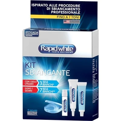 Abbildung von Rapid White Zahnaufhellungs Set, enthält Beschleuniger (6 ml), Bleichgel (13 Zahnpasta Express (14 weiche Maske mit Etui, Farbskala, Minzgeschmack