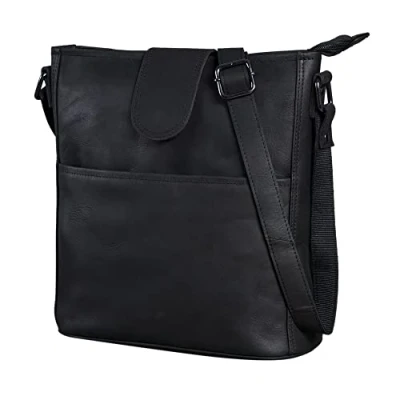 Abbildung von LEABAGS Athens Umhängetasche I Echtes Leder Handtasche für Damen Vintage Look Shopper Schultertasche Multitasche Schwarz L (31x29x13 cm)