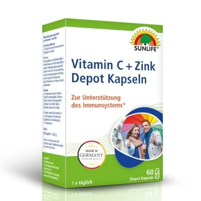 Abbildung von SUNLIFE Vitamin C + Zink Depot Kapseln hochdosiert 1x60 Stück Nahrungsergänzung für Immunsystem mit Technologie pro Tagesdosis 225 mg &amp; 2,25