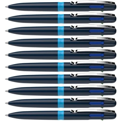 Abbildung von Schneider 138003 Take 4 Kugelschreiber mehrfarbig (4 Farben, Minen wechselbar, recycelter Kunststoff) dunkelblau hellblau, 10 Stück