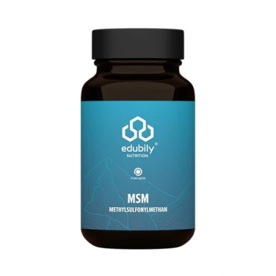 Abbildung von edubily nutrition® OptiMSM® MSM Kapseln 2550 mg pro Tagesportion 99,9% reines Methylsulfonylmethan ohne Zusätze Hochdosiert Vegan