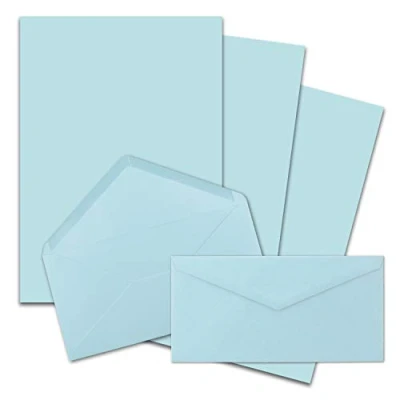 Abbildung von 25x Briefpapier Set DIN A4 mit Lang Briefumschlägen, Nassklebung Hellblau mattes Schreibpapier Kuverts FarbenFroh by GUSTAV NEUSER