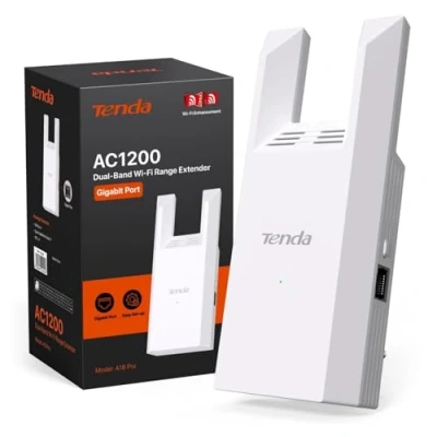 Abbildung von Tenda A18 Pro WLAN Verstärker mit Gigabit Ethernet Port, WiFi 5 AC1200, 2,4GHz 300MBit/s &amp; 5GHz 867MBit/s, 2 Externe 3dBi Antennen, AP Modus, für Zuhause Büro, Signalverstärkung hohe Reichweite