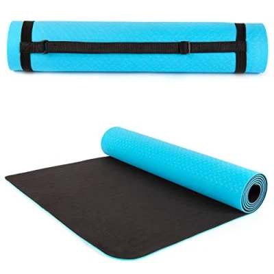 Abbildung von just be... Yogamatte. Rutschfeste Fitness Matte mit Umweltfreundlichem TPE Material und Tragegurt. 183cm*61 cm Schwarz Blau