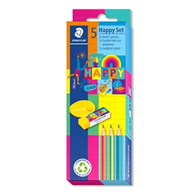 Abbildung von STAEDTLER Schreibwarenset Set, in den bunten Happy colours, 3 Noris Bleistifte, 1 rasoplast Radiergummi, Doppelklappspitzdose, zum Schreiben und Malen, 61 SC3 HA
