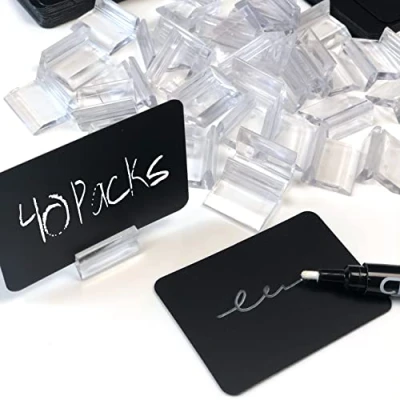 Abbildung von Packung mit 40 wiederverwendbaren, synthetischen Tafeln + elegante 25mm Halterungen Flüssigkreidemarker, Synthetische Tafel Preishalter, Mini für Preise