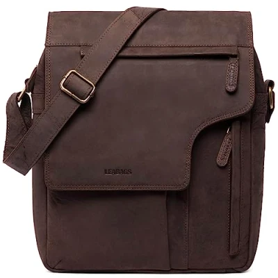 Abbildung von LEABAGS Leder Umhängetasche Herren &amp; Damen I Echtleder Laptoptasche bis 13 Zoll Messenger Bag mit Schultergurt Schultertasche Arbeitstasche Tragetasche Handtasche Nature Dunkelbraun