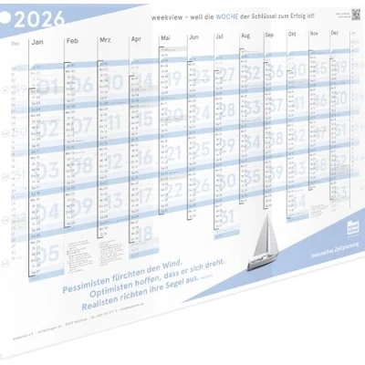 Abbildung von weekview Jahresplaner mit Wochenstruktur DIN A1 &quot;blau&quot; GEFALTET, Wandkalender Ferien, Feiertagen und Zitat, Jahreskalender, Wandplaner 14 Monate klarer Kalenderwoche Segelboot Motiv