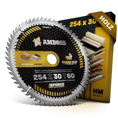 Abbildung von HM Kreissägeblatt 254x30 Z60 Wechselzahn für Holz Feinschnitt. AMBOSS WERKZEUGE® Sägeblatt 254mm komp. zu Bosch GTS 10. PTS 100 T.GTS 254 Woodster ST110 Triton TWX7CS001 Einhell TE SM 36 10