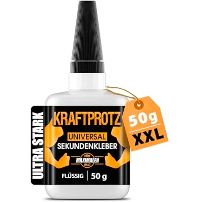 Abbildung von 50 g Sekundenkleber extra stark Inkl. Anti Austrocknungs Spitze KRAFTPROTZ Flüssiger Superkleber Universell verwendbar zum Kleben von Plastik, Kunststoff, Glas, Holz, Stein, Metall uvm.