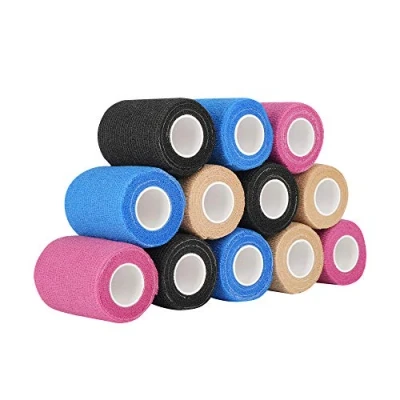 Abbildung von 12 Rollen Selbstklebender Verband Fixierbinde Selbsthaftend 7.5 cm x 4.5 m Sortierte Farben (Blau, Beige, Schwarz, Pink)