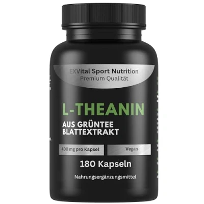 Abbildung von EXVital® L Theanin, 180 vegane Kapseln, 400 mg Theanin pro Kapsel, aus Grüntee Blattextrakt, Theanine Aminosäure, vegan &amp; ohne Zusätze, laborgeprüft