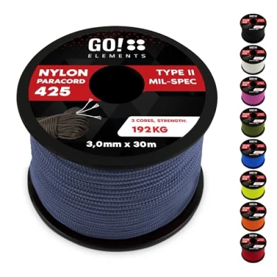 Abbildung von GO!elements 30m Paracord Seil aus reißfestem Nylon 3mm 425 Typ II max. 192kg Schnüre als Outdoor Seil, Allzweckseil, Survival Armband, Hundeleine, Nylonschnur, Farbe:Grau Blau