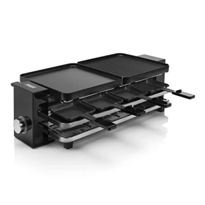 Abbildung von Princess Piano Raclette für bis zu 8 Personen, multifunktional, 1200 Watt, Aluminiumguss Platte, Pfännchen und Spatel, BPA frei, 162925