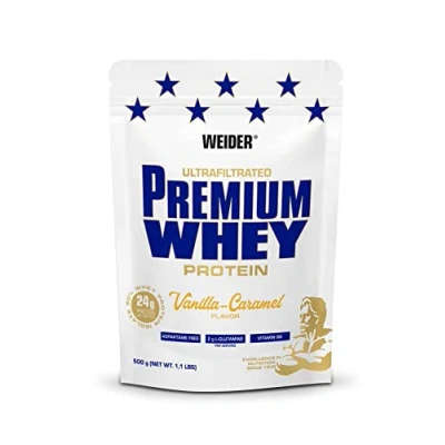 Abbildung von Weider Premium Whey Protein Pulver, unverschämt leckeres Eiweißpulver mit Isolat für Muskelaufbau hohem Anteil an EAA, BCAA und freiem L Glutamin, perfekte Löslichkeit, Vanilla Karamel, 500g