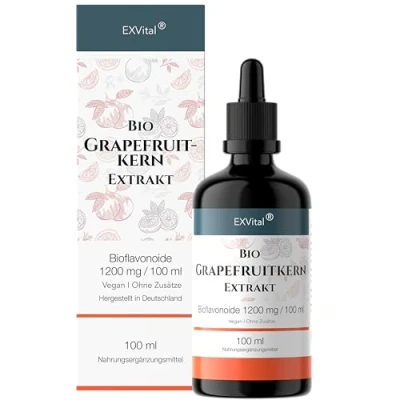 Abbildung von EXVital Bio Grapefruitkernextrakt, 1200mg Bioflavonoide / 100ml. Laborgeprüft und Biozertifiziert. 2600 mg Grapefruit Extrakt aus Kern Schale. Hochdosiert, vegan. ApoTest: &quot;Sehr gut&quot;