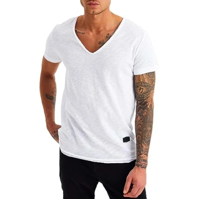 Abbildung von Leif Nelson Sommer T Shirt Herren V Ausschnitt (weiß, Größe S) Coole Tshirts Neck Baumwolle Basic Shirts Männer Kurzarm tiefem