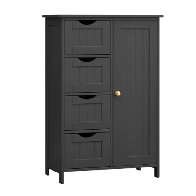 Abbildung von VASAGLE Badezimmerschrank, schmaler Badschrank, Beistellschrank, Kommode, mit 4 Schubladen, Schranktür, verstellbare Ablage, 30 x 55 82 cm, tintenschwarz LHC041B02