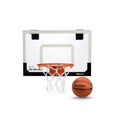 Abbildung von SKLZ Pro Mini Basketballkorb, transparente, bruchsichere Rückwand, rückfedernde Kante, robustes Netz und 12,7 cm Ball, gepolsterte Türhalterungen zum Aufschieben, für Büro, Wohnheim, 45,7 x 30,5