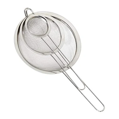 Abbildung von Relaxdays Küchensieb 3er Set, ∅ 7, 12 &amp; 18 cm, mit Griff, Mehl, Puderzucker, Früchte, Haushaltssieb, Edelstahl, silber