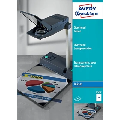 Abbildung von AVERY Zweckform 2502 Overhead Folien für Inkjetdrucker (50 Transparentfolien, A4, spezialbeschichtet, stapelverarbeitbar, schnelle Farbaufnahme ohne Verschmieren und Verlaufen, Folienstärke 0,11mm)