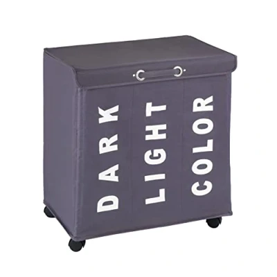 Abbildung von WENKO Wäschesammler Mod. Trivo Grau, stabiler Wäschekorb mit vier leichtgängigen Rollen und Deckel, 116 l Stauraum drei Fächer, (B x H T): 56 60 35 cm, Aufschriften &quot;Dark&quot;, &quot;Light&quot;, &quot;Color&quot;