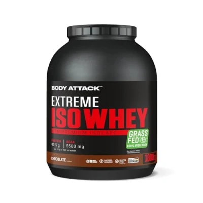 Abbildung von Body Attack Extreme Iso Whey, Chocolate, 1,8 kg, CFM Whey Protein Isolat aus 100% irischer Weidemilch, glutenfrei, reich an EAAs, perfekt löslich, fettarm, ohne Aspartam, 90,6% Anteil