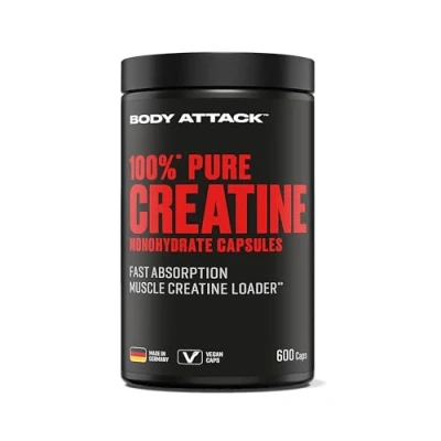 Abbildung von Body Attack 100% Pure Creatin 600 Kapseln Made in Germany hochwertiges mikrofeines Kreatin Monohydrat Hochdosierte für die praktische Einnahme